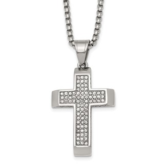 Stainless Steel Polished Crystal Cross 24in Necklace