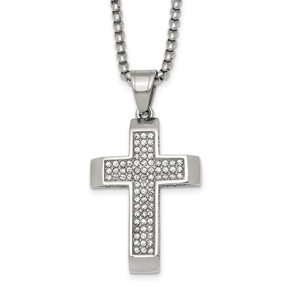 Stainless Steel Polished Crystal Cross 24in Necklace