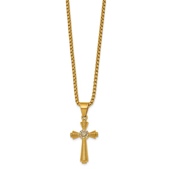 Stainless Steel Polished Yellow IP-plated Crystal  Cross 24in Necklace