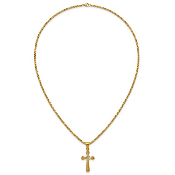 Stainless Steel Polished Yellow IP-plated Crystal  Cross 24in Necklace