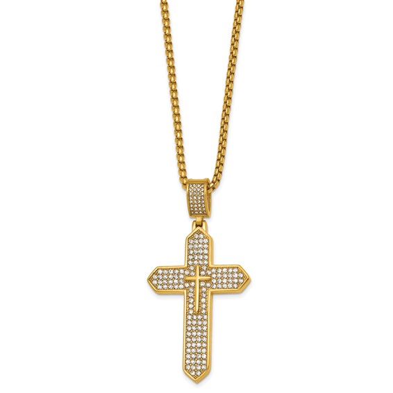 Stainless Steel Polished Yellow IP Crystal Passion Cross 24in Necklace