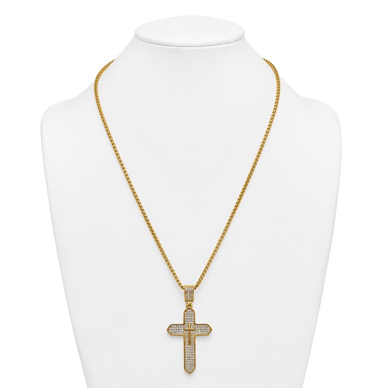 Stainless Steel Polished Yellow IP Crystal Passion Cross 24in Necklace