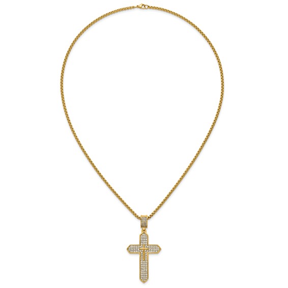 Stainless Steel Polished Yellow IP Crystal Passion Cross 24in Necklace