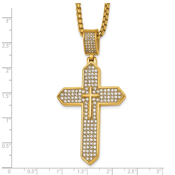 Stainless Steel Polished Yellow IP Crystal Passion Cross 24in Necklace