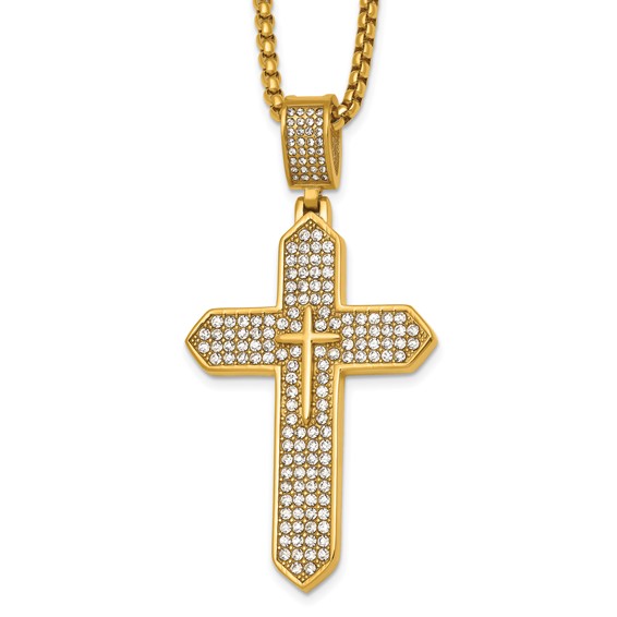 Stainless Steel Polished Yellow IP Crystal Passion Cross 24in Necklace