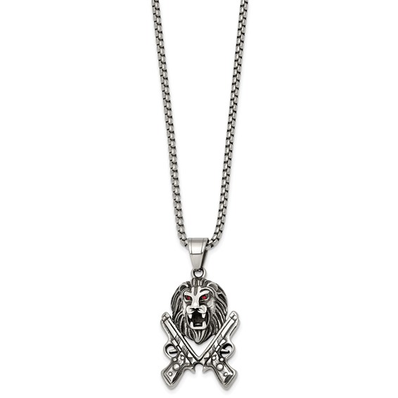 Stainless Steel Antiqued Polished Red Crystal Lion Head & Pistols Necklace