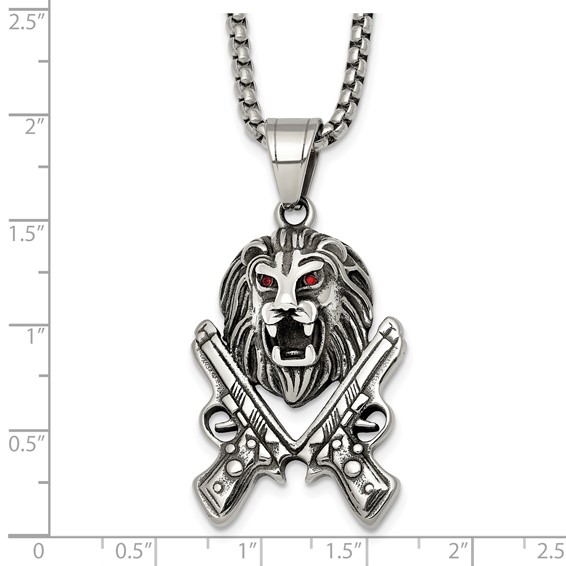 Stainless Steel Antiqued Polished Red Crystal Lion Head & Pistols Necklace