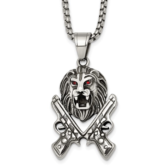 Stainless Steel Antiqued Polished Red Crystal Lion Head & Pistols Necklace