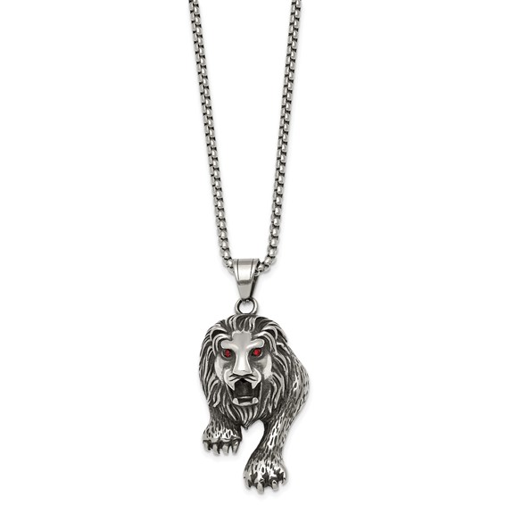 Stainless Steel Antiqued and Polished Red Crystal Eyed Lion 24in Necklace