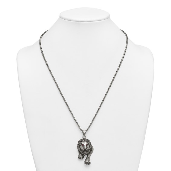 Stainless Steel Antiqued and Polished Red Crystal Eyed Lion 24in Necklace