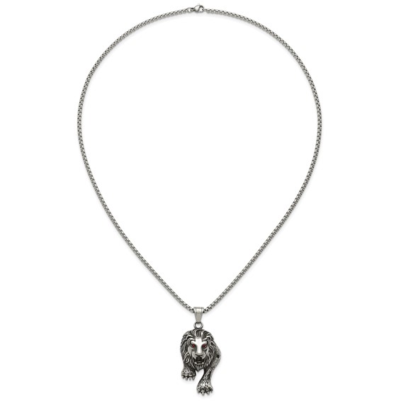 Stainless Steel Antiqued and Polished Red Crystal Eyed Lion 24in Necklace