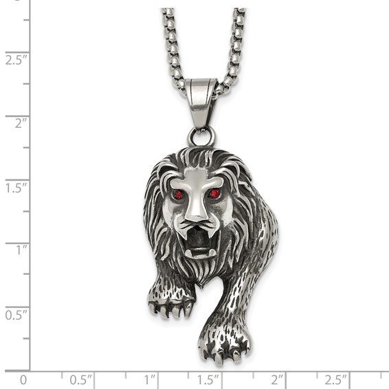 Stainless Steel Antiqued and Polished Red Crystal Eyed Lion 24in Necklace