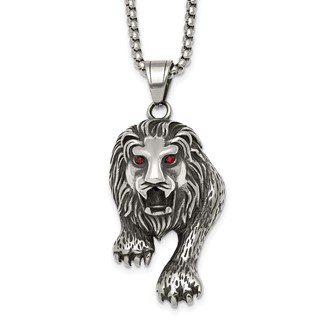 Stainless Steel Antiqued and Polished Red Crystal Eyed Lion 24in Necklace