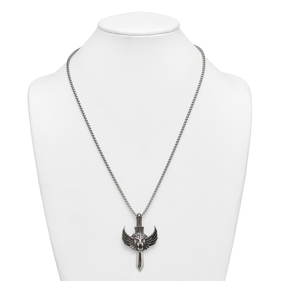 Stainless Steel Antiqued Polished Red Crystal Eyed Lion/Sword 24in Necklace