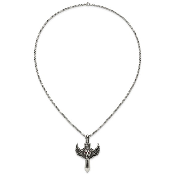 Stainless Steel Antiqued Polished Red Crystal Eyed Lion/Sword 24in Necklace