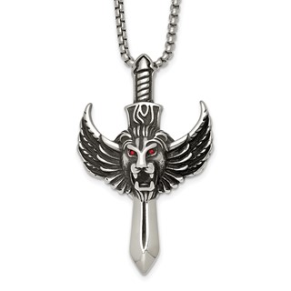 Stainless Steel Antiqued Polished Red Crystal Eyed Lion/Sword 24in Necklace