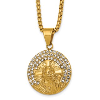 Stainless Steel Polished Yellow IPJesus on Crystal Dog Tag 24in Necklace