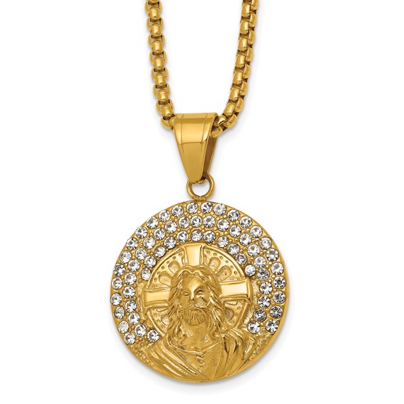 Stainless Steel Polished Yellow IPJesus on Crystal Dog Tag 24in Necklace