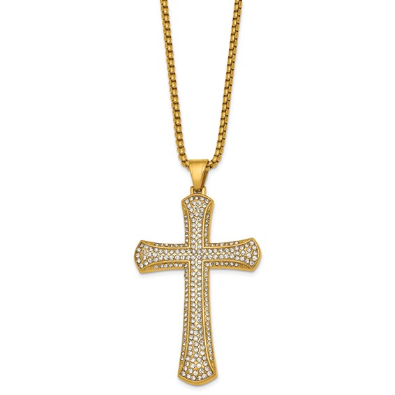 Stainless Steel Polished Yellow IP-plated Crystal  Cross 24in Necklace
