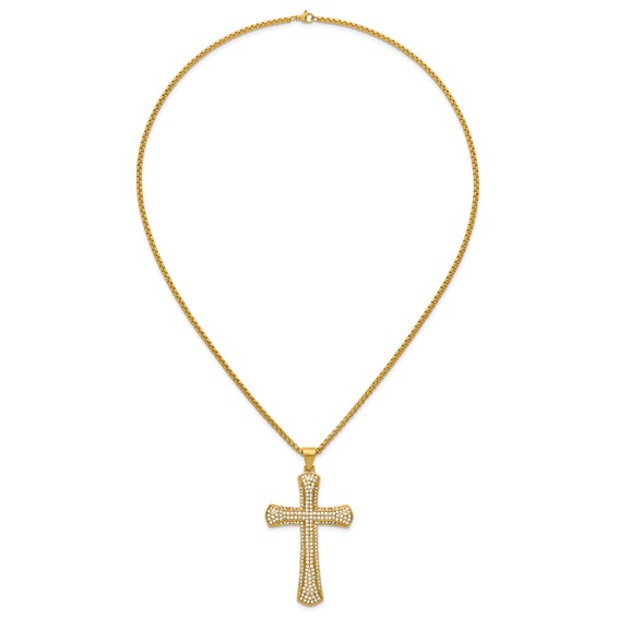 Stainless Steel Polished Yellow IP-plated Crystal  Cross 24in Necklace