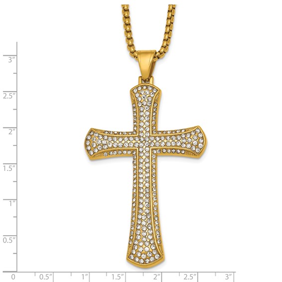Stainless Steel Polished Yellow IP-plated Crystal  Cross 24in Necklace