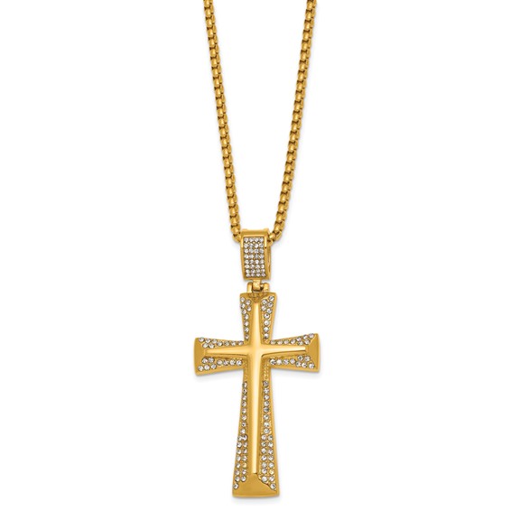 Stainless Steel Polished Yellow IP-plated Crystal  Cross 24in Necklace