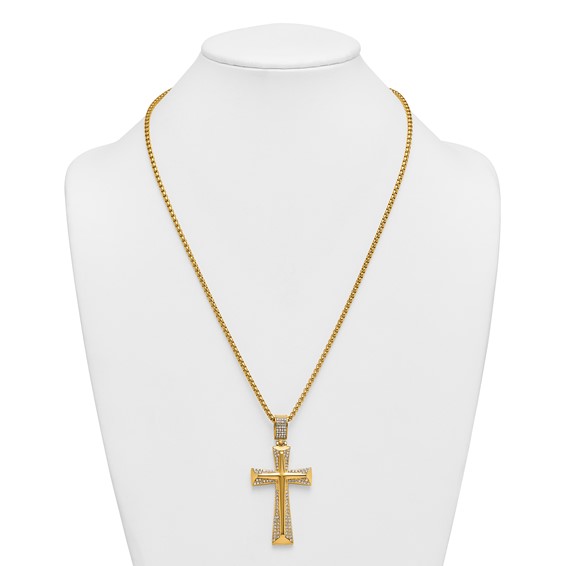 Stainless Steel Polished Yellow IP-plated Crystal  Cross 24in Necklace