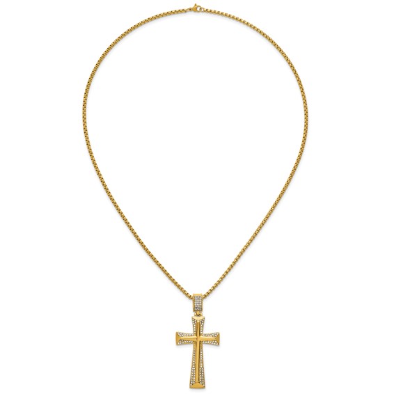 Stainless Steel Polished Yellow IP-plated Crystal  Cross 24in Necklace