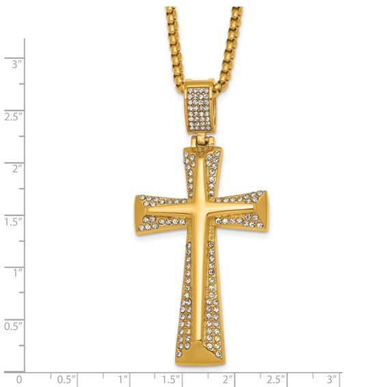 Stainless Steel Polished Yellow IP-plated Crystal  Cross 24in Necklace