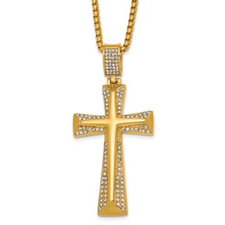 Stainless Steel Polished Yellow IP-plated Crystal  Cross 24in Necklace