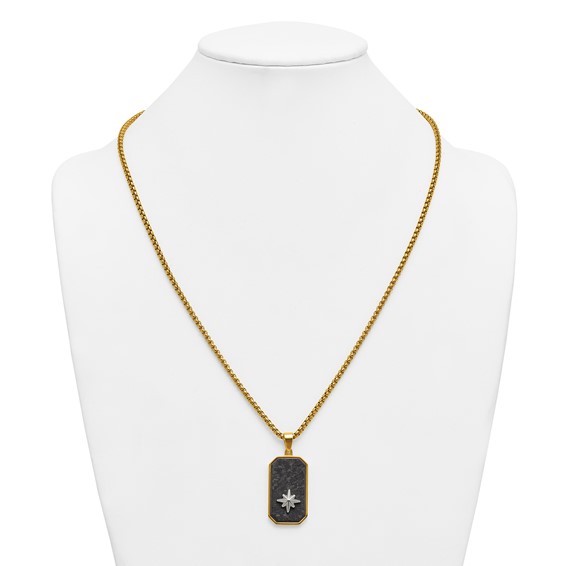 Stainless Steel Polished Yellow IP Blk CarbonFiber Inlay DogTag Necklace