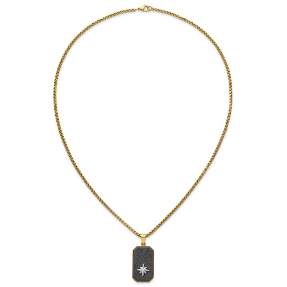 Stainless Steel Polished Yellow IP Blk CarbonFiber Inlay DogTag Necklace