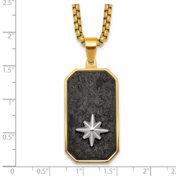 Stainless Steel Polished Yellow IP Blk CarbonFiber Inlay DogTag Necklace