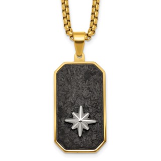 Stainless Steel Polished Yellow IP Blk CarbonFiber Inlay DogTag Necklace
