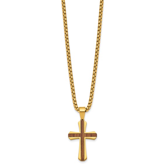 Stainless Steel Polished Yellow IP-plated Wood Inlay Cross 24in Necklace