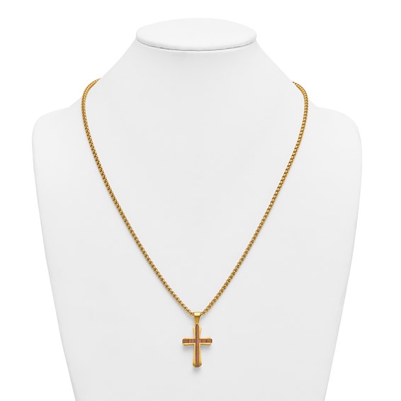 Stainless Steel Polished Yellow IP-plated Wood Inlay Cross 24in Necklace