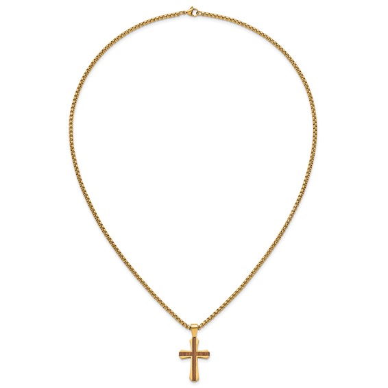 Stainless Steel Polished Yellow IP-plated Wood Inlay Cross 24in Necklace