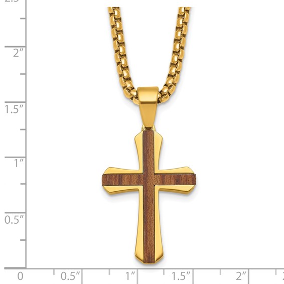 Stainless Steel Polished Yellow IP-plated Wood Inlay Cross 24in Necklace