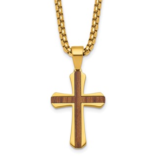Stainless Steel Polished Yellow IP-plated Wood Inlay Cross 24in Necklace
