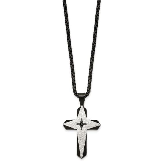 Stainless Steel Brushed & Polished Black IP Black CZ Cross 24in Necklace
