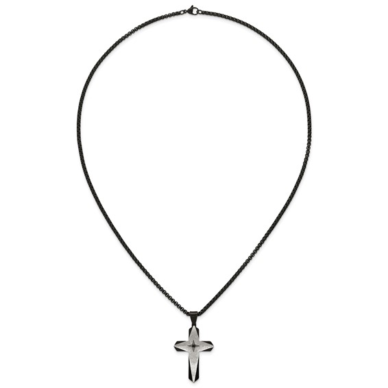 Stainless Steel Brushed & Polished Black IP Black CZ Cross 24in Necklace