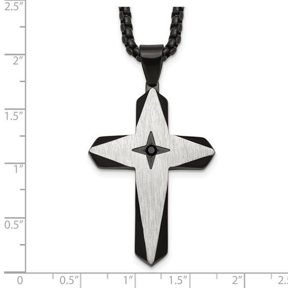 Stainless Steel Brushed & Polished Black IP Black CZ Cross 24in Necklace