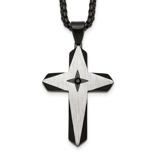 Stainless Steel Brushed & Polished Black IP Black CZ Cross 24in Necklace