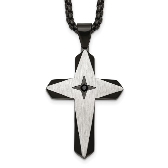 Stainless Steel Brushed & Polished Black IP Black CZ Cross 24in Necklace