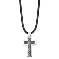 Chisel Stainless Steel Polished Necklace with Black Carbon Fiber Inlay Cross Pendant on an Leather Cord, 18" view 3