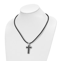 Chisel Stainless Steel Polished Necklace with Black Carbon Fiber Inlay Cross Pendant on an Leather Cord, 18" view 4