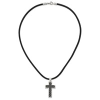 Chisel Stainless Steel Polished Necklace with Black Carbon Fiber Inlay Cross Pendant on an Leather Cord, 18" view 5