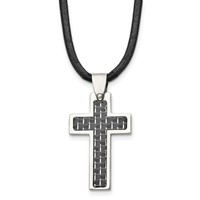 Chisel Stainless Steel Polished Necklace with Black Carbon Fiber Inlay Cross Pendant on an Leather Cord, 18" view 1