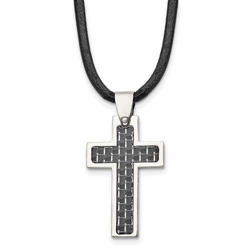 Chisel Stainless Steel Polished Necklace with Black Carbon Fiber Inlay Cross Pendant on an Leather Cord, 18"