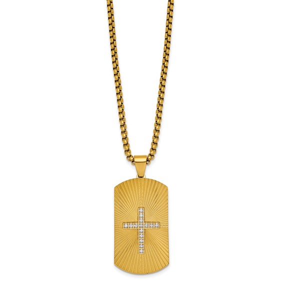 StainlessSteel Brushed/Polished/Textured Yellow IP CZ Cross DogTag Necklace
